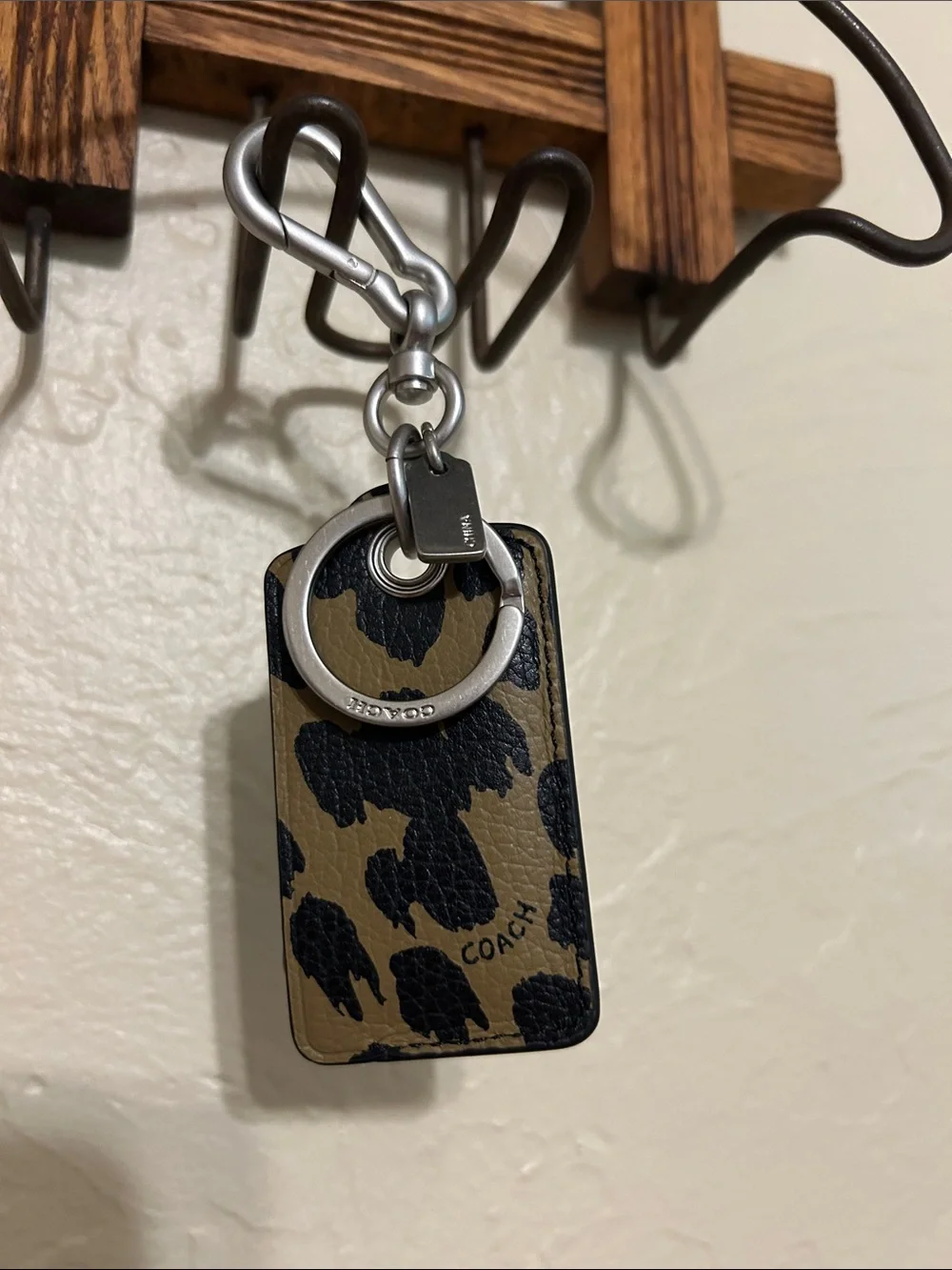 Coach Leopard Print Tan and Black Leather Key Fob with Silver Hardware